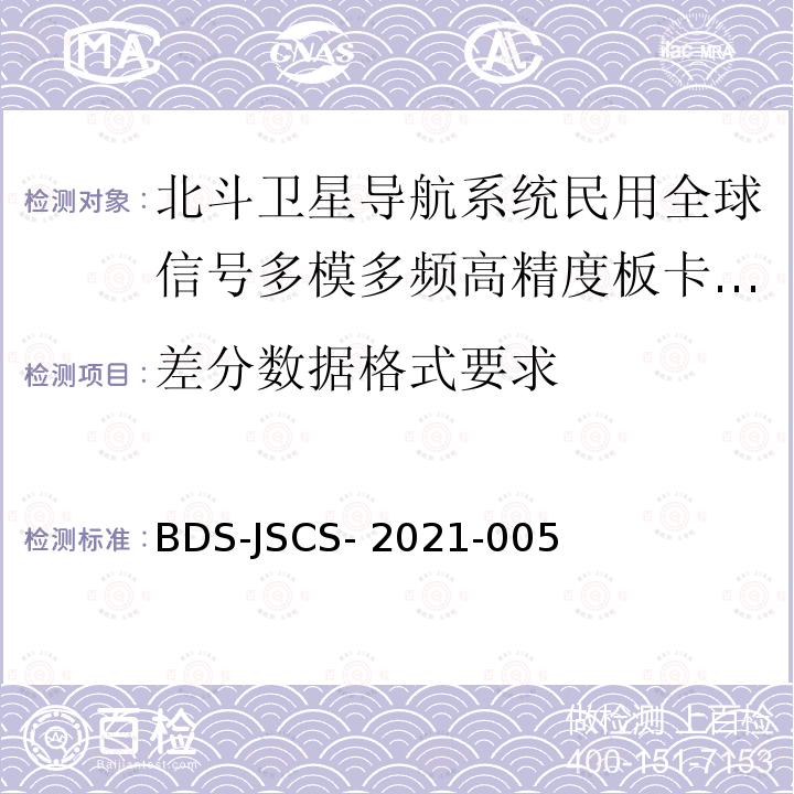 差分数据格式要求 BDS-JSCS- 2021-005 北斗卫星导航系统民用全球信号多模多频高精度板卡产品 技术要求和测试方法 BDS-JSCS-2021-005