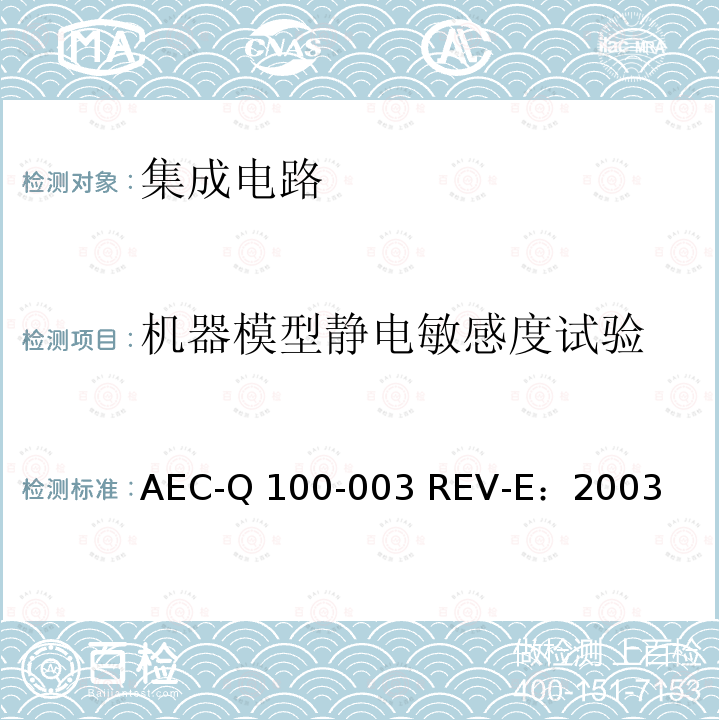 机器模型静电敏感度试验 AEC-Q 100-003 REV-E：2003  AEC-Q100-003 REV-E：2003