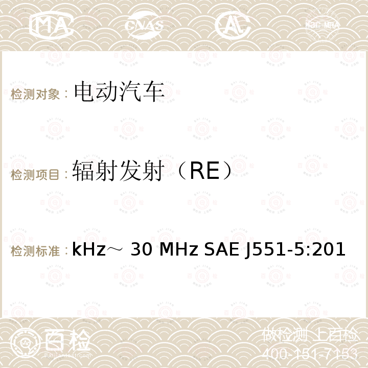 辐射发射（RE） kHz～ 30 MHz SAE J551-5:201 电动车辆的电磁场发射强度的限值和测量方法，150 kHz～30 MHz SAE J551-5:2012