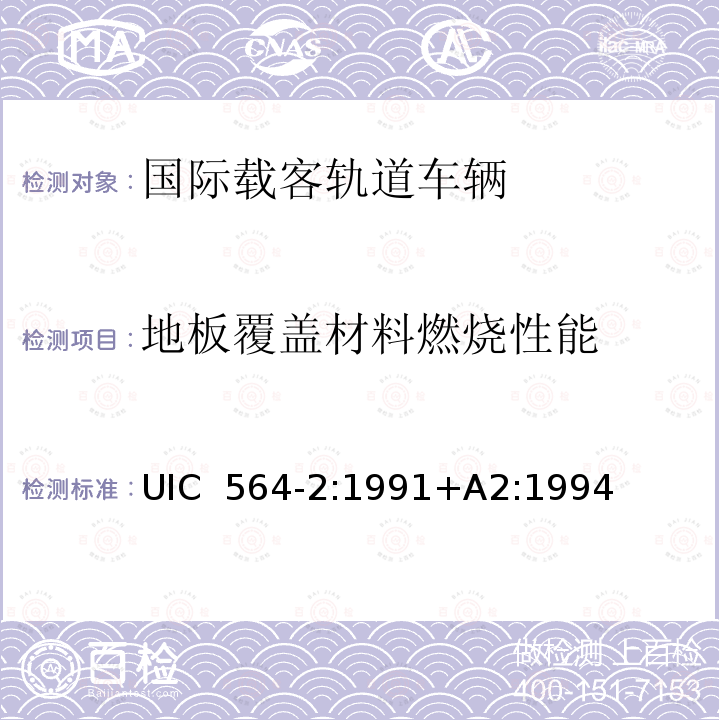 地板覆盖材料燃烧性能 UIC  564-2:1991+A2:1994 国际载客轨道车辆防火和消防规范（国际铁盟标准 UIC 564-2:1991+A2:1994