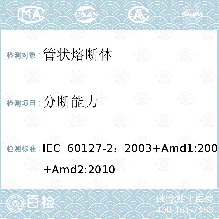 分断能力 小型熔断器 第2部分: 管状熔断体  IEC 60127-2：2003+Amd1:2003+Amd2:2010