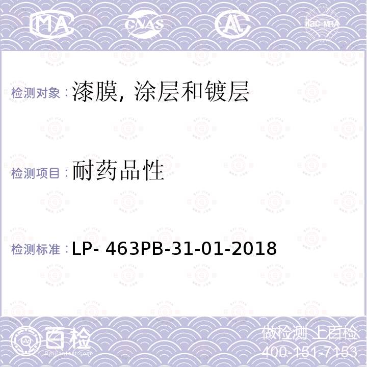 耐药品性 LP- 463PB-31-01-2018 漆膜的抗各种液体性 LP-463PB-31-01-2018