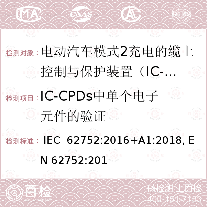 IC-CPDs中单个电子元件的验证 电动汽车模式2充电的缆上控制与保护装置（IC-CPD） IEC 62752:2016+A1:2018, EN 62752:2016