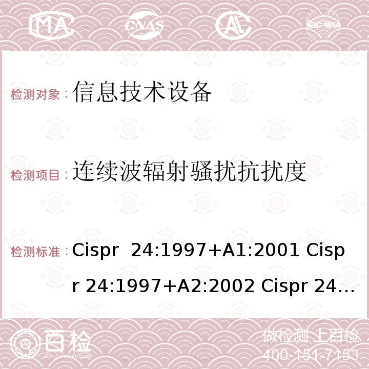 连续波辐射骚扰抗扰度 CISPR 24:1997 信息技术设备抗扰度限值和测量方法 Cispr 24:1997+A1:2001 Cispr 24:1997+A2:2002 Cispr 24:2010+A1:2015