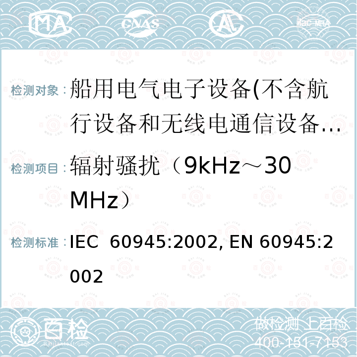 辐射骚扰（9kHz～30MHz） IEC 60945-2002 海上导航和无线电通信设备及系统 一般要求 测试方法和要求的测试结果