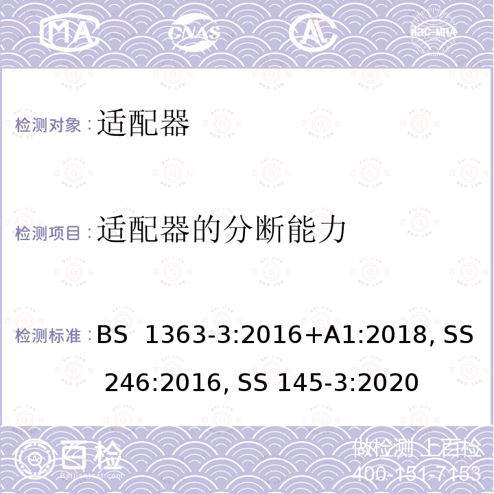 适配器的分断能力 BS 1363-3:2016 13A 插头、插座、转换器及连接装置-第3 部分：适配器的要求 +A1:2018, SS 246:2016, SS 145-3:2020