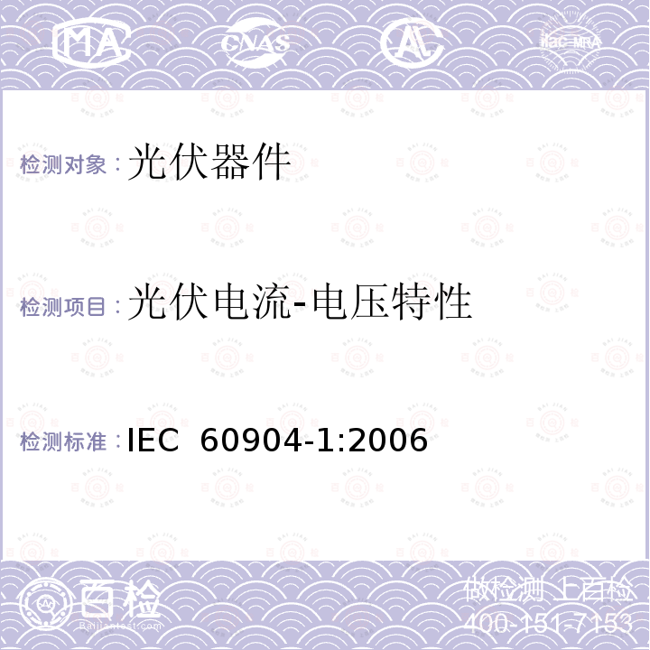 光伏电流-电压特性 《光伏器件 第1部分 光伏电流-电压特性的测量》 IEC 60904-1:2006