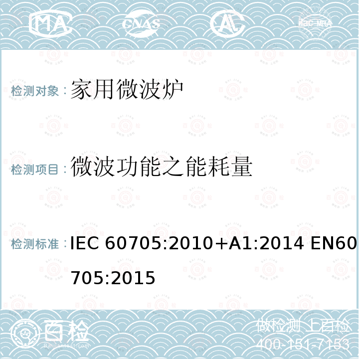 微波功能之能耗量 家用微波炉 – 性能测量方法 IEC60705:2010+A1:2014 EN60705:2015