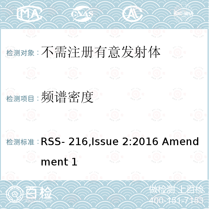 频谱密度 无线充电设备 RSS-216,Issue 2:2016 Amendment 1(September 2020)