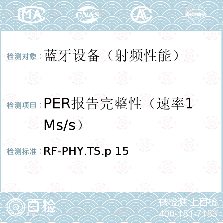 PER报告完整性（速率1Ms/s） 《蓝牙射频物理层》 RF-PHY.TS.p15