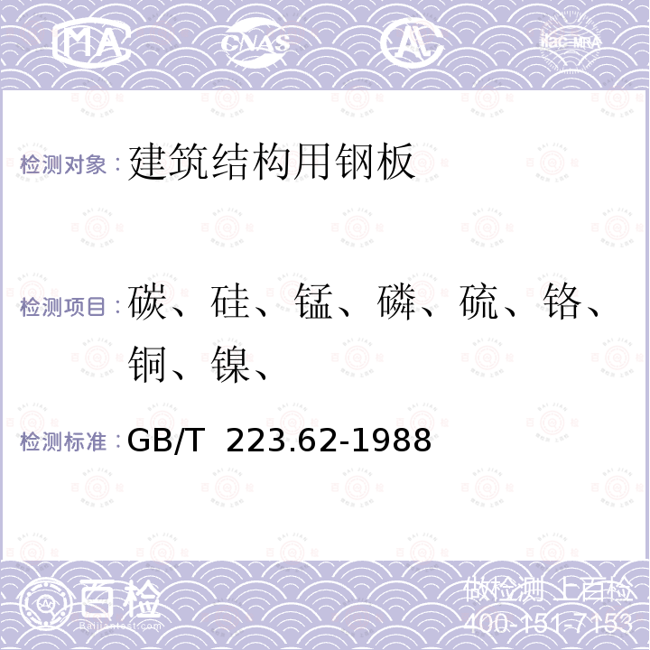 碳、硅、锰、磷、硫、铬、铜、镍、 GB/T 223.62-1988 钢铁及合金化学分析方法 乙酸丁酯萃取光度法测定磷量