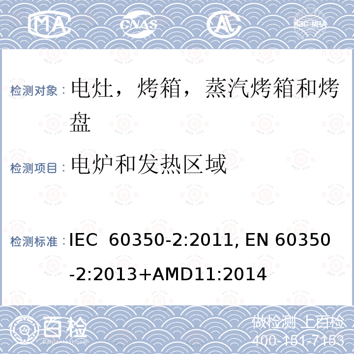 电炉和发热区域 家用电炊具 第二部分：电灶-测量性能的方法 IEC 60350-2:2011, EN 60350-2:2013+AMD11:2014