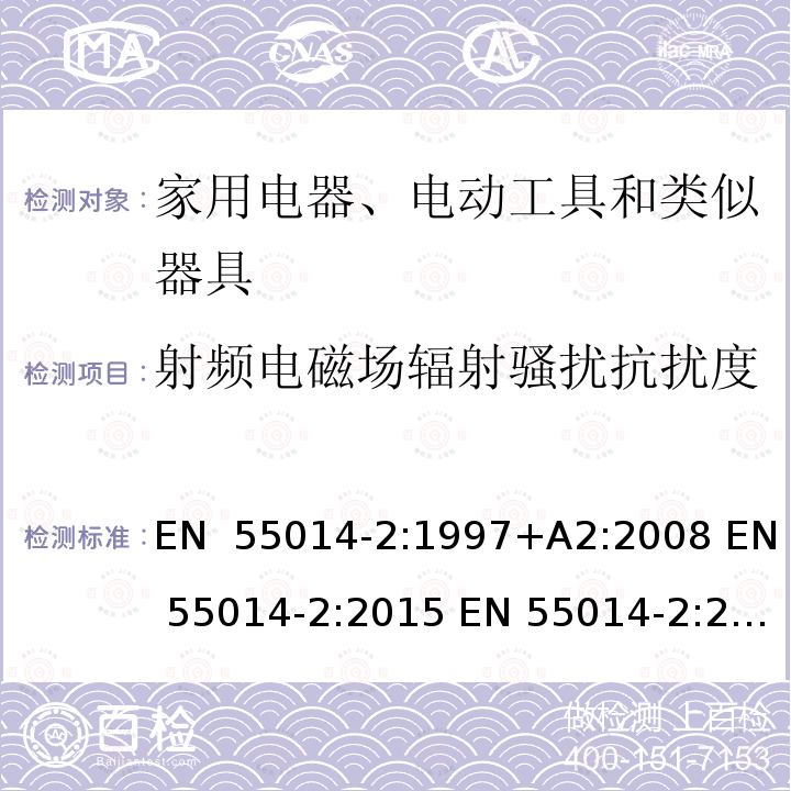 射频电磁场辐射骚扰抗扰度 EN 55014-2:1997 家用电器、电动工具和类似器具的电磁兼容要求 第2部分：抗扰度 +A2:2008 EN 55014-2:2015 EN 55014-2:2021