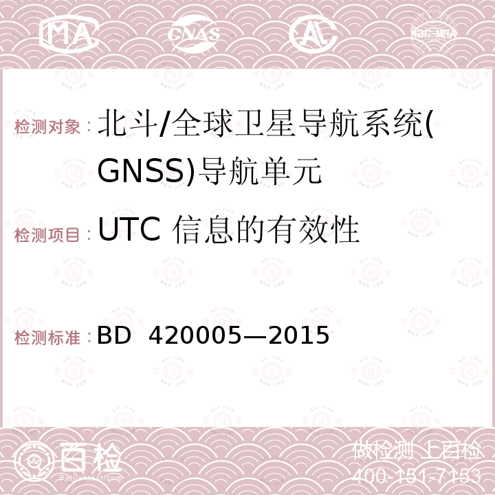 UTC 信息的有效性 北斗/全球卫星导航系统(GNSS)导航单元性能要求及测试方法 BD 420005—2015