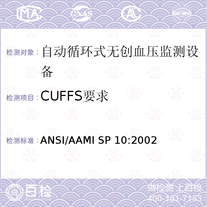 CUFFS要求 ANSI/AAMI SP 10:2002 手动、电子或自动血压计 ANSI/AAMI SP10:2002