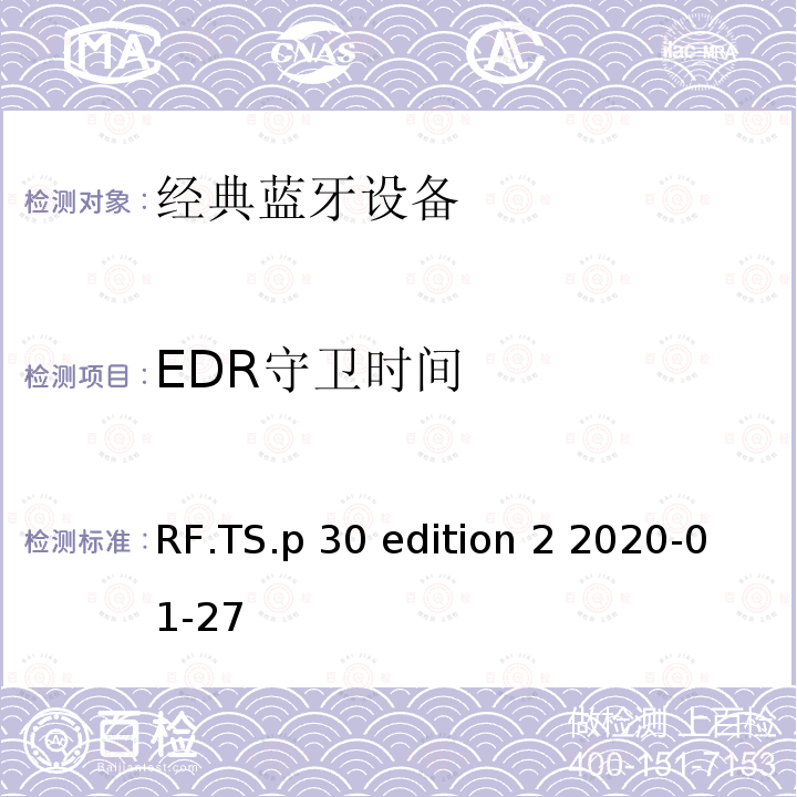 EDR守卫时间 RF.TS.p 30 edition 2 2020-01-27 蓝牙射频测试规范 RF.TS.p30 edition 2 2020-01-27