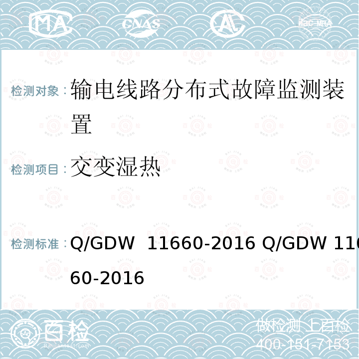 交变湿热 输电线路分布式故障监测装置技术规范Q/GDW 11660-2016 Q/GDW 11660-2016