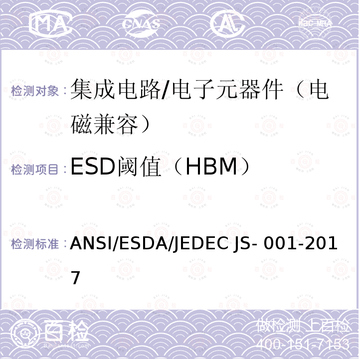 ESD阈值（HBM） ANSI/ESDA/JEDEC JS- 001-2017 静电放电敏感度测试 人体放电模型（HBM）-器件级 ANSI/ESDA/JEDEC JS-001-2017