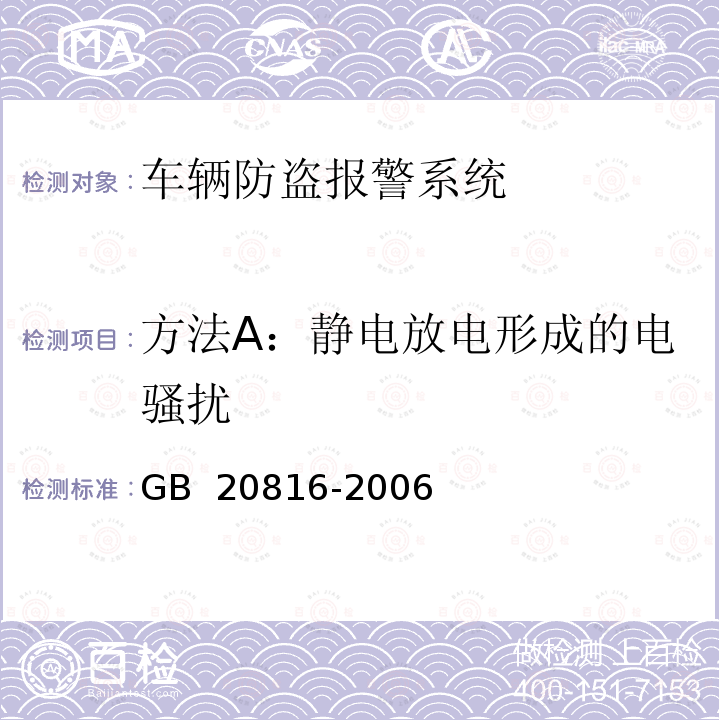 方法A：静电放电形成的电骚扰 GB 20816-2006 车辆防盗报警系统 乘用车