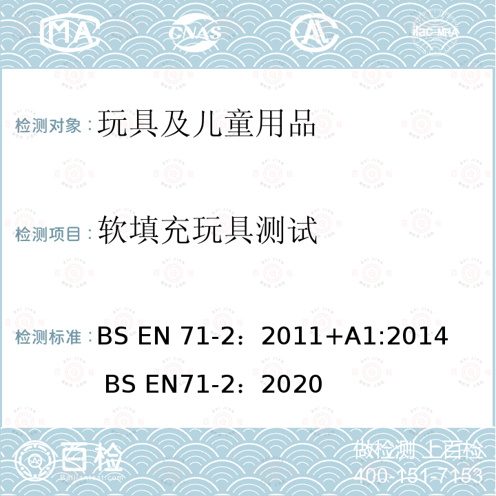 软填充玩具测试 BS EN71-2:2011 欧洲玩具安全标准第2部分 燃烧性能 BS EN71-2：2011+A1:2014     BS EN71-2：2020