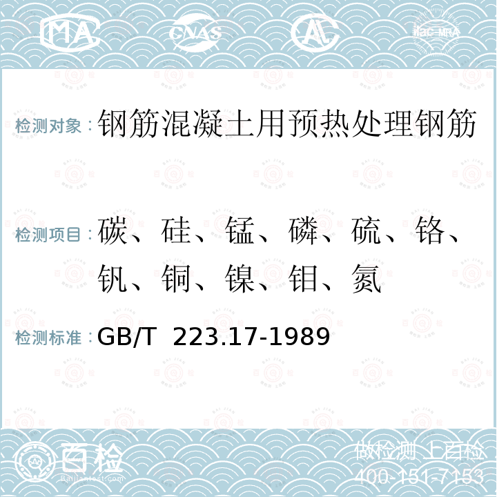 碳、硅、锰、磷、硫、铬、钒、铜、镍、钼、氮 GB/T 223.17-1989 钢铁及合金化学分析方法  二安替比林甲烷光度法测定钛量