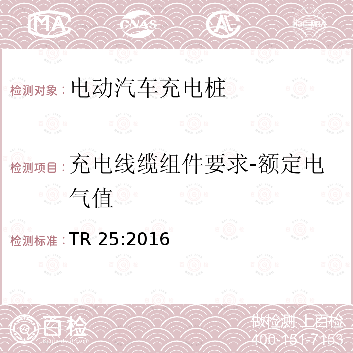 充电线缆组件要求-额定电气值 TR 25:2016 电动汽车充电系统 TR25:2016