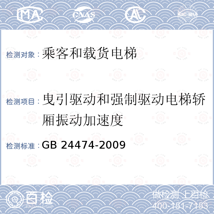 曳引驱动和强制驱动电梯轿厢振动加速度 电梯乘运品质测量 GB24474-2009