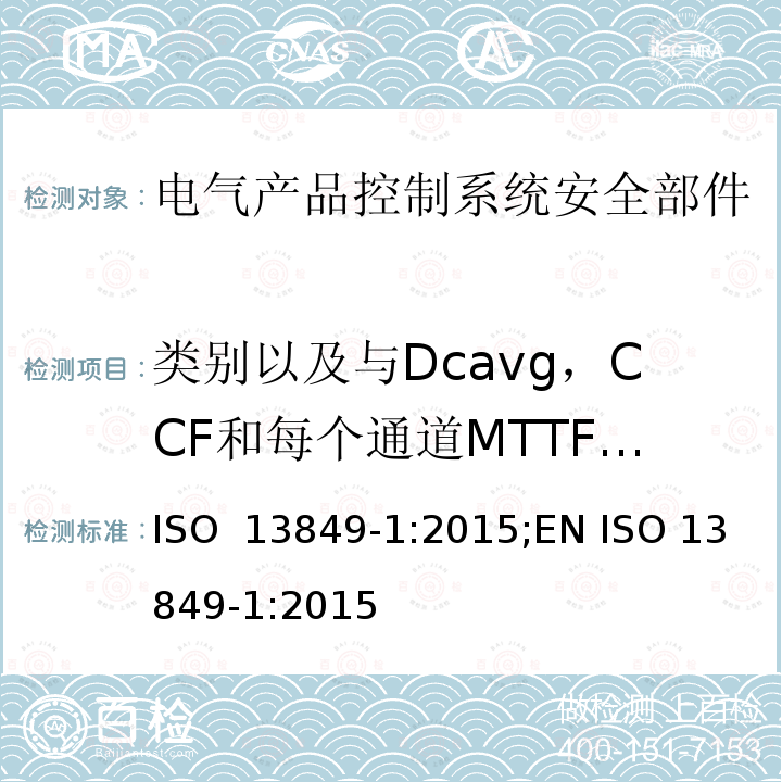 类别以及与Dcavg，CCF和每个通道MTTFd的关系 ISO 13849-1:2015 机械安全-控制系统有关安全部件 第1部分：设计通则 ;EN 