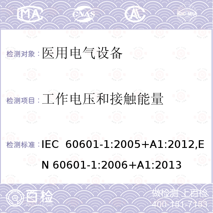 工作电压和接触能量 医用电气设备 第1部分:基本安全和基本性能的一般要求 IEC 60601-1:2005+A1:2012,EN 60601-1:2006+A1:2013