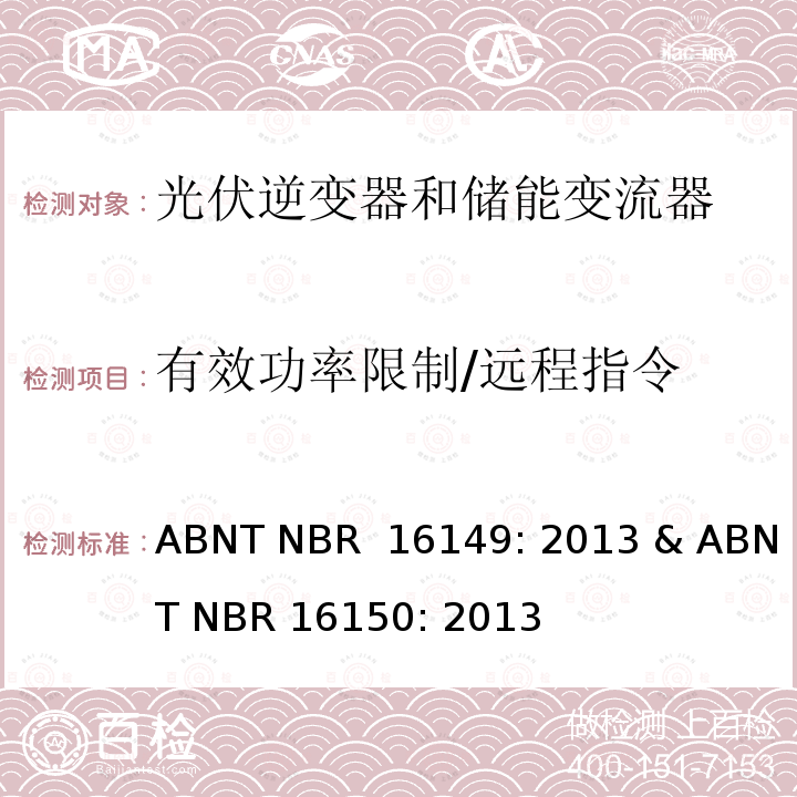 有效功率限制/远程指令 巴西并网逆变器规则&符合性测试程序 ABNT NBR 16149: 2013 & ABNT NBR 16150: 2013