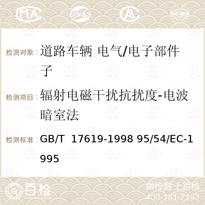 辐射电磁干扰抗扰度-电波暗室法 机动车电子电器组件的电磁辐射抗扰性限值和测量方法 GB/T 17619-1998 95/54/EC-1995