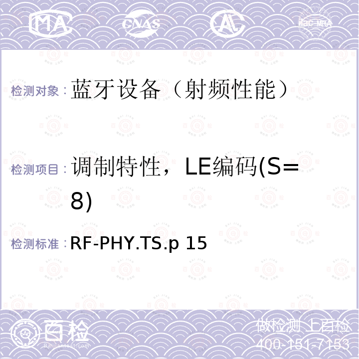 调制特性，LE编码(S=8) RF-PHY.TS.p 15 《蓝牙射频物理层》 RF-PHY.TS.p15