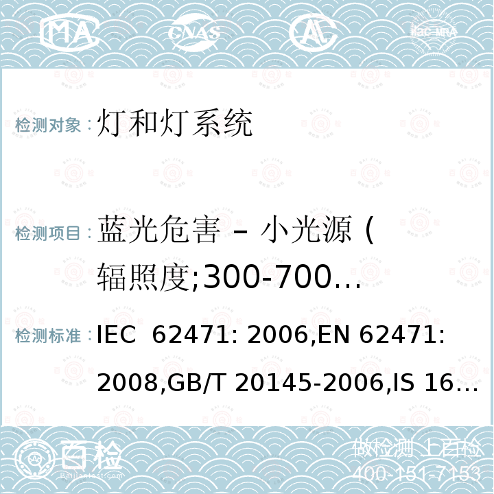 蓝光危害 – 小光源 (辐照度;300-700nm) 灯和灯系统的光生物安全要求 IEC 62471: 2006,EN 62471: 2008,GB/T 20145-2006,IS 16108:2012