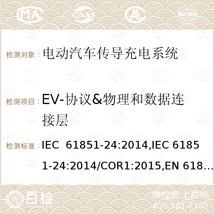 EV-协议&物理和数据连接层 电动汽车传导充电系统- 第24部分：直流充电桩与控制直流桩的电动车之间的数据通信 IEC 61851-24:2014,IEC 61851-24:2014/COR1:2015,EN 61851-24:2014,EN 61851-24:2014/AC:2015