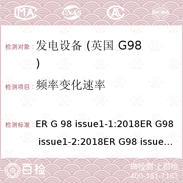 频率变化速率 ER G 98 issue1-1:2018ER G98 issue1-2:2018ER G98 issue1-3:2019ER G98 issue1-4:2019 与公共低压配电网并联的全型测试微型发电机（每相高达16A）的连接要求 ER G98 issue1-1:2018ER G98 issue1-2:2018ER G98 issue1-3:2019ER G98 issue1-4:2019