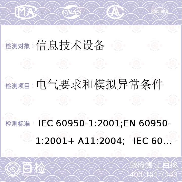 电气要求和模拟异常条件 信息技术设备安全要求 IEC 60950-1:2001;EN 60950-1:2001+ A11:2004;   IEC 60950-1:2005+ A1:2009+A2:2013; EN 60950-1:2006+A11:2009 +A1:2010+A12:2011+ A2:2013;UL 60950-1:2007;GB4943.1- 2011, AS/NZS 60950.1:2015