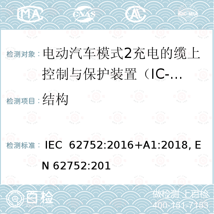 结构 电动汽车模式2充电的缆上控制与保护装置（IC-CPD） IEC 62752:2016+A1:2018, EN 62752:2016