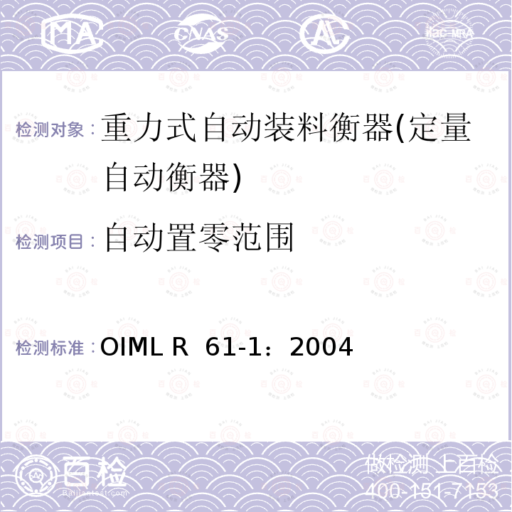 自动置零范围 OIML R61-1-2004 重力式自动装料衡器 第1部分：计量要求和技术要求—测试 OIML R 61-1：2004