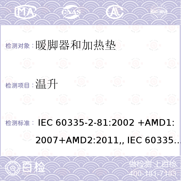 温升 IEC 60335-2-81 家用和类似用途电器的安全第2-81部分暖脚器和加热垫的特殊要求 :2002 +AMD1:2007+AMD2:2011,, :2015+AMD1:2017,, EN 60335-2-81:2003 +A1:2007+A2:2012,, AS/NZS 60335.2.81:2015+Amd 1:2017+Amd 2:2018,