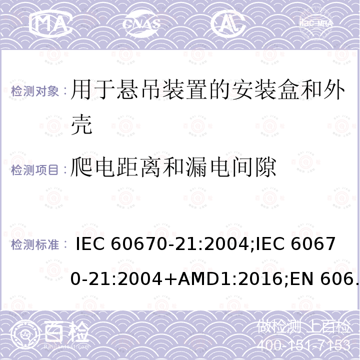 爬电距离和漏电间隙 IEC 60670-21-2004 家用和类似用途固定式电气装置的电气附件盒和外壳 第21部分:考虑到悬挂方法的盒和外壳的特殊要求