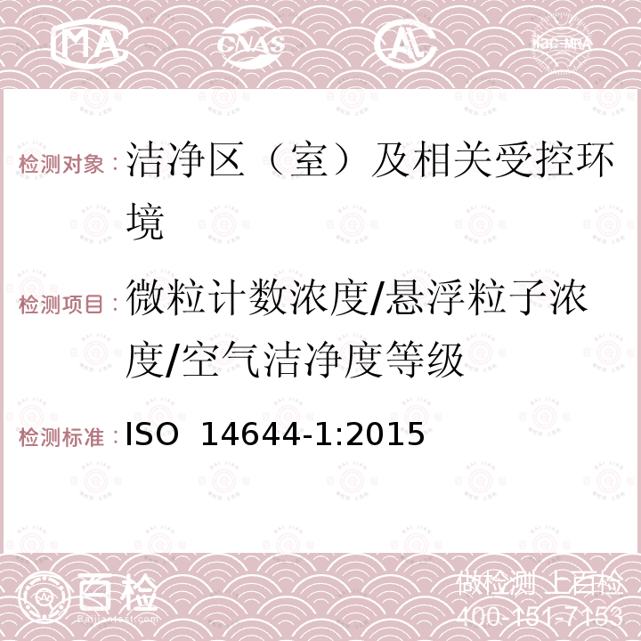 微粒计数浓度/悬浮粒子浓度/空气洁净度等级 洁净室及相关受控环境 第1部分：按粒子浓度划分空气洁净度等级 ISO 14644-1:2015