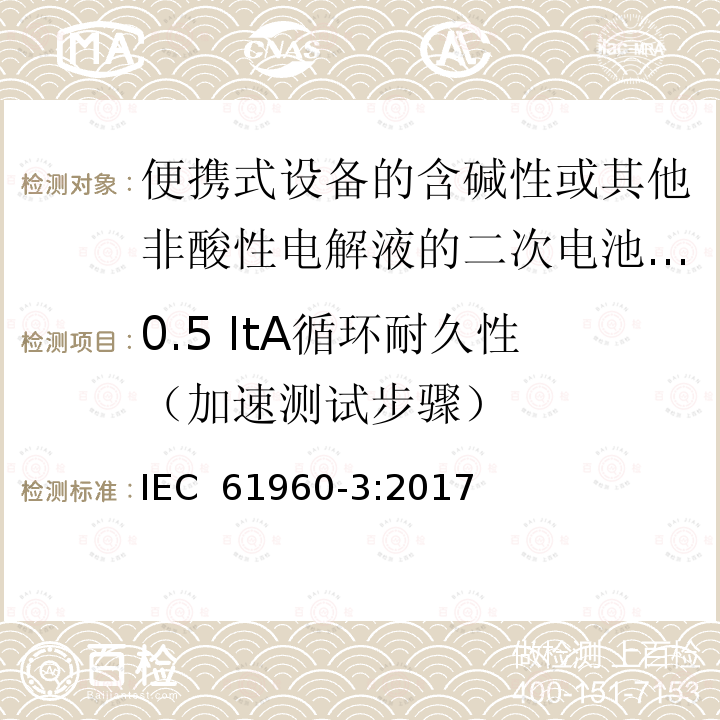 0.5 ItA循环耐久性（加速测试步骤） 便携式设备的含碱性或其他非酸性电解液的二次电池或电芯 IEC 61960-3:2017