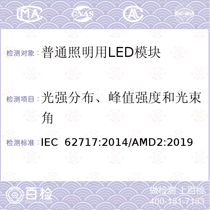 光强分布、峰值强度和光束角 IEC 62717-2014 普通照明用LED模块 性能要求