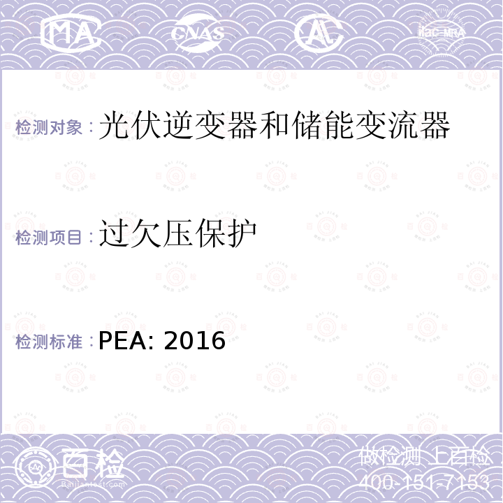 过欠压保护 PEA: 2016 省电力管理局电网系统互联规范条例 PEA:2016