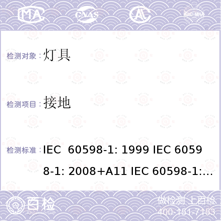 接地 灯具 第1部分：一般要求和试验 IEC 60598-1: 1999 IEC 60598-1: 2008+A11 IEC 60598-1: 2014 + A1:2017 IEC 60598-1:2020