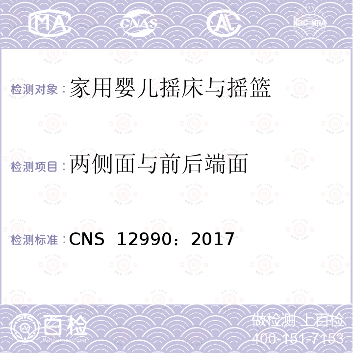 两侧面与前后端面 CNS 12990 家用婴儿摇床与摇篮 ：2017