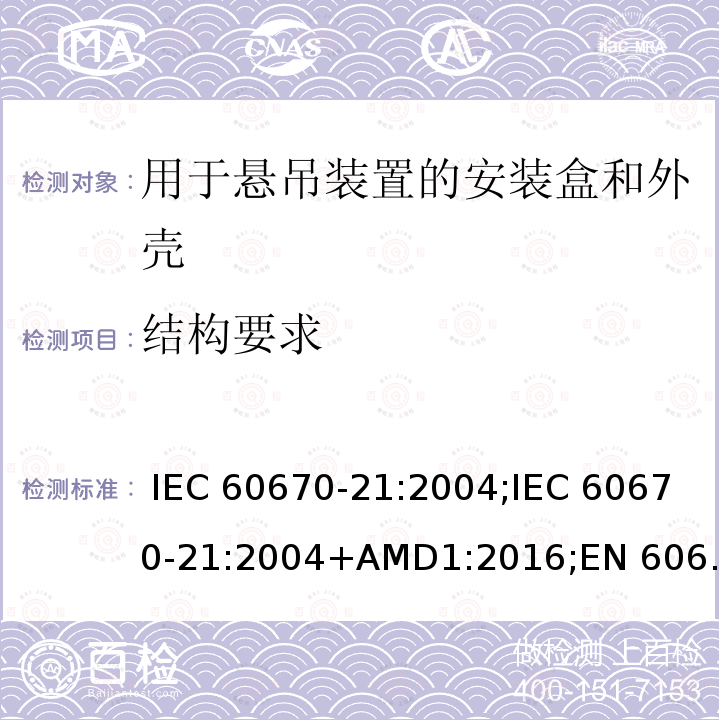 结构要求 IEC 60670-21-2004 家用和类似用途固定式电气装置的电气附件盒和外壳 第21部分:考虑到悬挂方法的盒和外壳的特殊要求