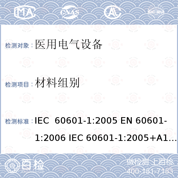 材料组别 医用电气设备—— 第一部分：安全通用要求和基本准则 IEC 60601-1:2005 EN 60601-1:2006 IEC 60601-1:2005+A1:2012 IEC 60601-1:2005/AMD2:2020 GB 9706.1-2020