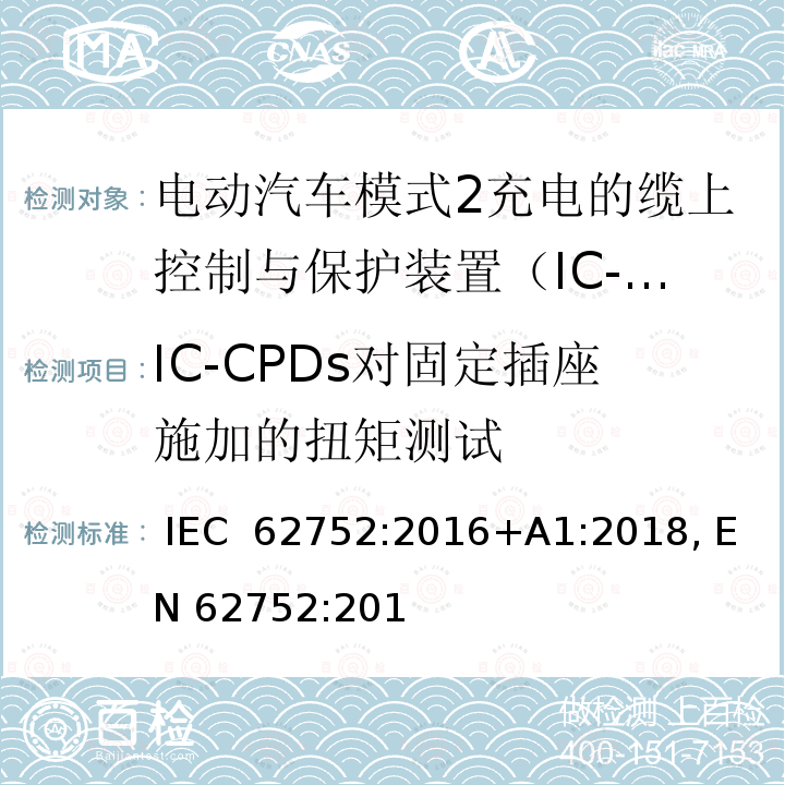 IC-CPDs对固定插座施加的扭矩测试 电动汽车模式2充电的缆上控制与保护装置（IC-CPD） IEC 62752:2016+A1:2018, EN 62752:2016