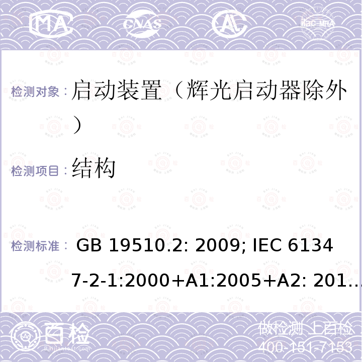 结构 灯的控制装置 第2部分 启动装置（辉光启动器除外）的特殊要求 GB 19510.2: 2009; IEC 61347-2-1:2000+A1:2005+A2: 2013; EN 61347-2-1:2001+A1: 2006+A2: 2014;BS EN 61347-2-1: 2001+A2: 2014 AS/NZS 61347.2.1: 2019 SANS 61347-2-1: 2014